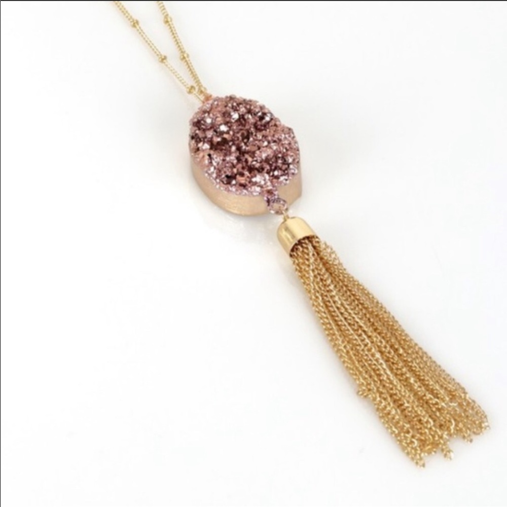 Druzy pendant necklace gold Tassel long chain - Picture 4 of 7